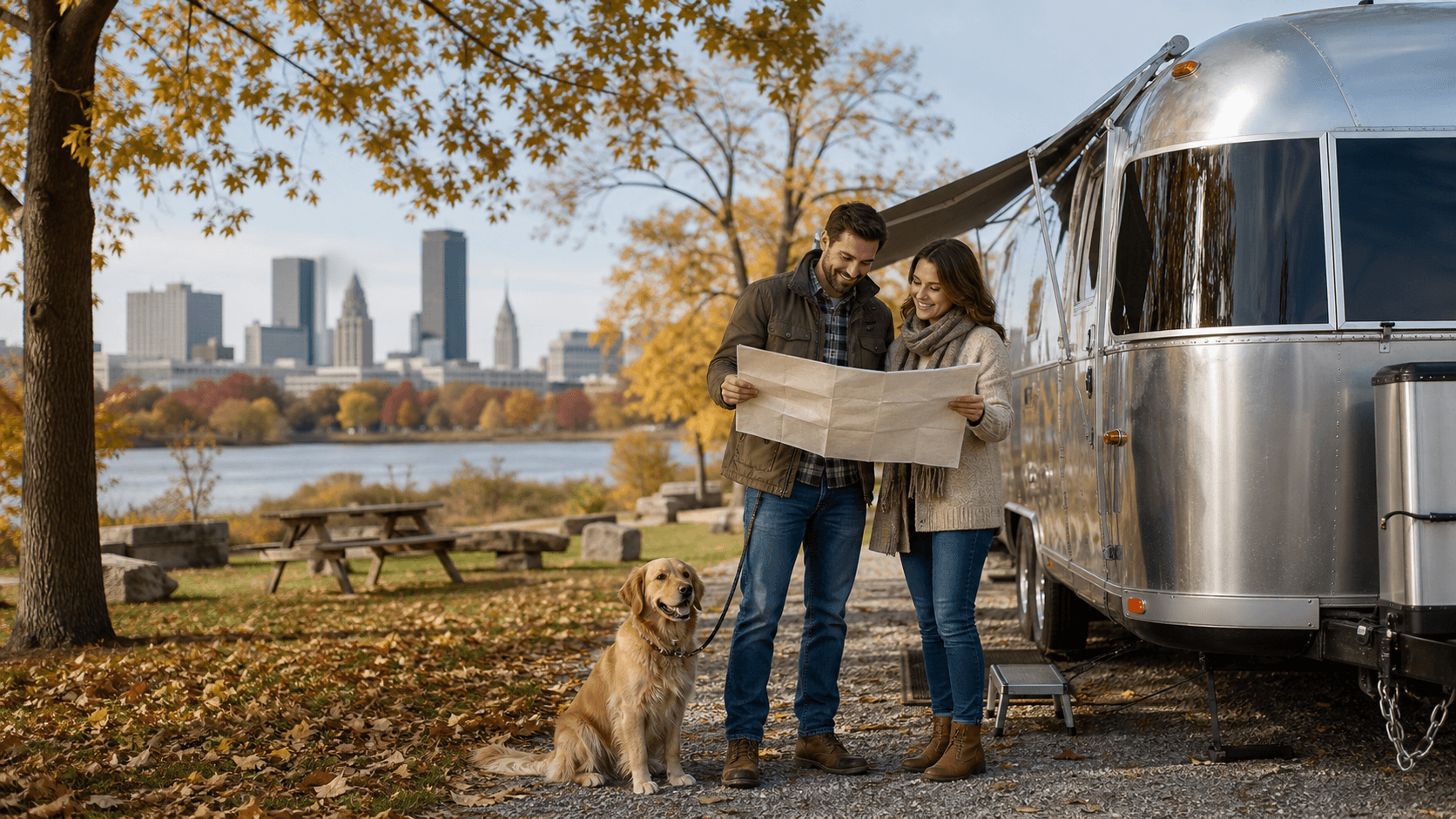 RV parked beside a tree-lined lake with colorful early fall foliage under a bright blue sky.
