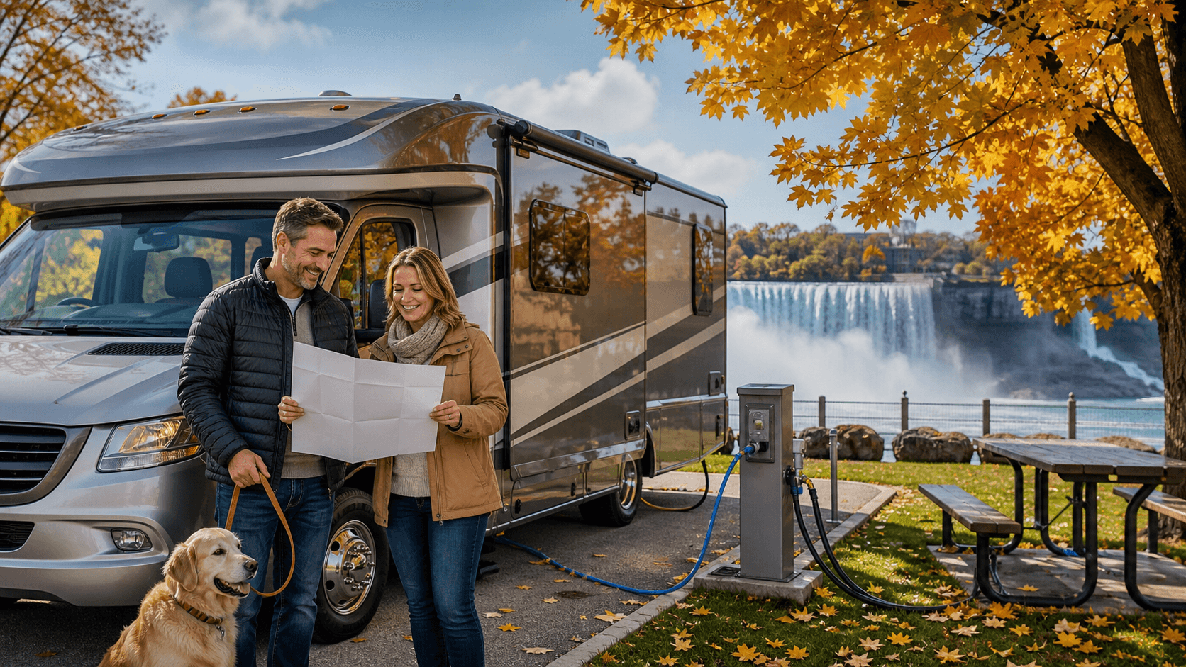 RV parked beside golden autumn trees with Niagara Falls mist rising in the background.