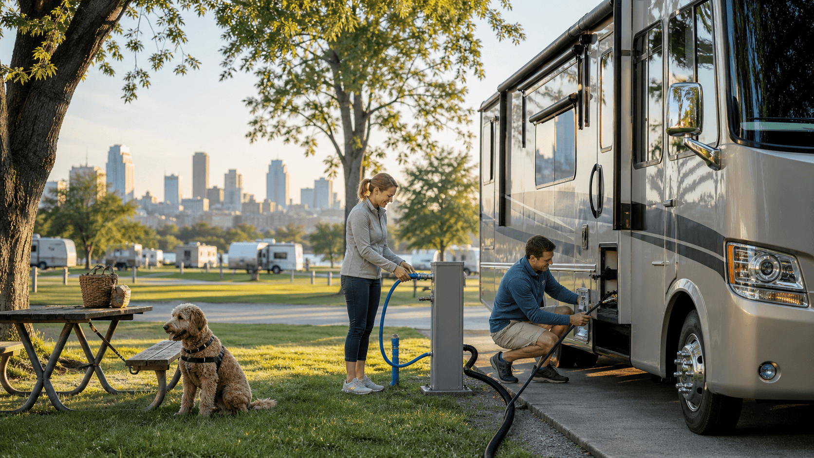 White RV parked at a leafy campsite beside utility hookups under a bright blue sky.