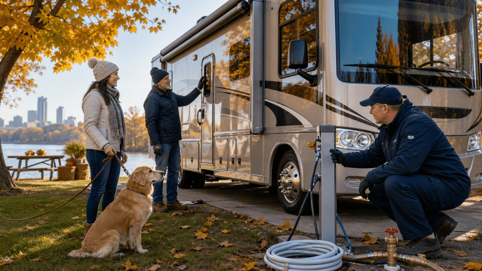 White RV parked beside autumn trees under a cloudy sky, with Buffalo’s skyline in the distance.
