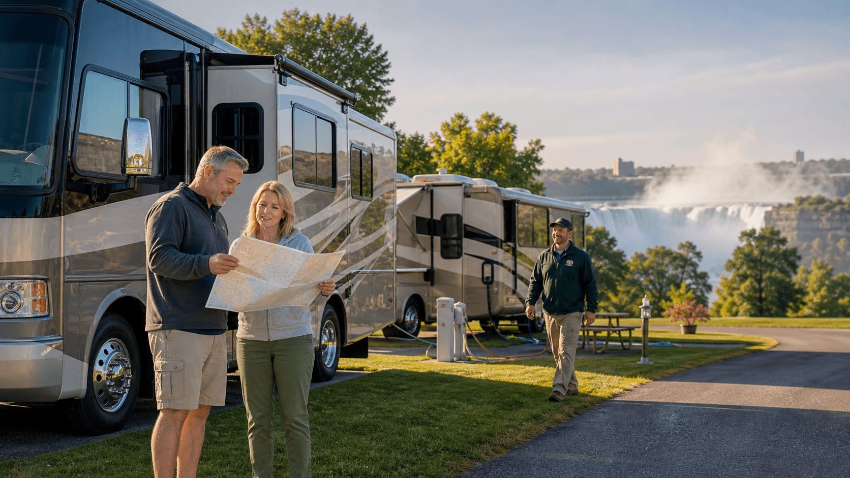 White RV parked beside a wooded campsite at sunset, with Niagara Falls mist glowing in the distance.