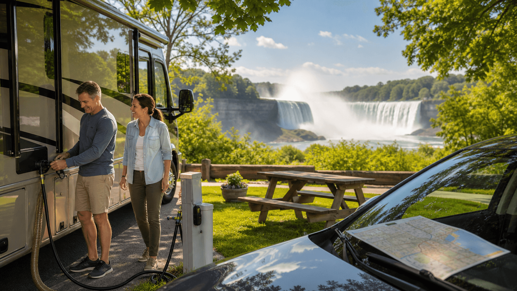 RV parked near Niagara Falls overlook with misty waterfalls, blue sky, and green trees in daylight